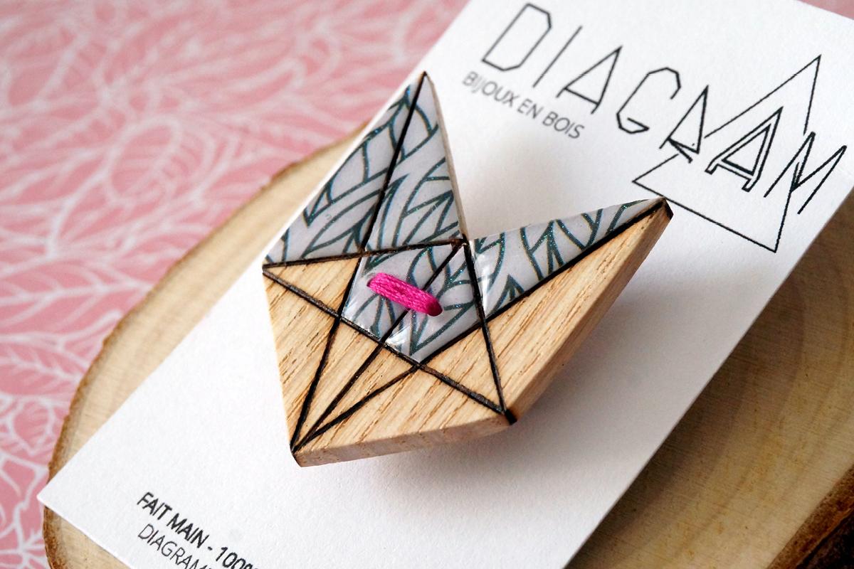 Broche renard blanc motif feuillage noir