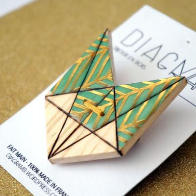 Broche renard vert lignes or